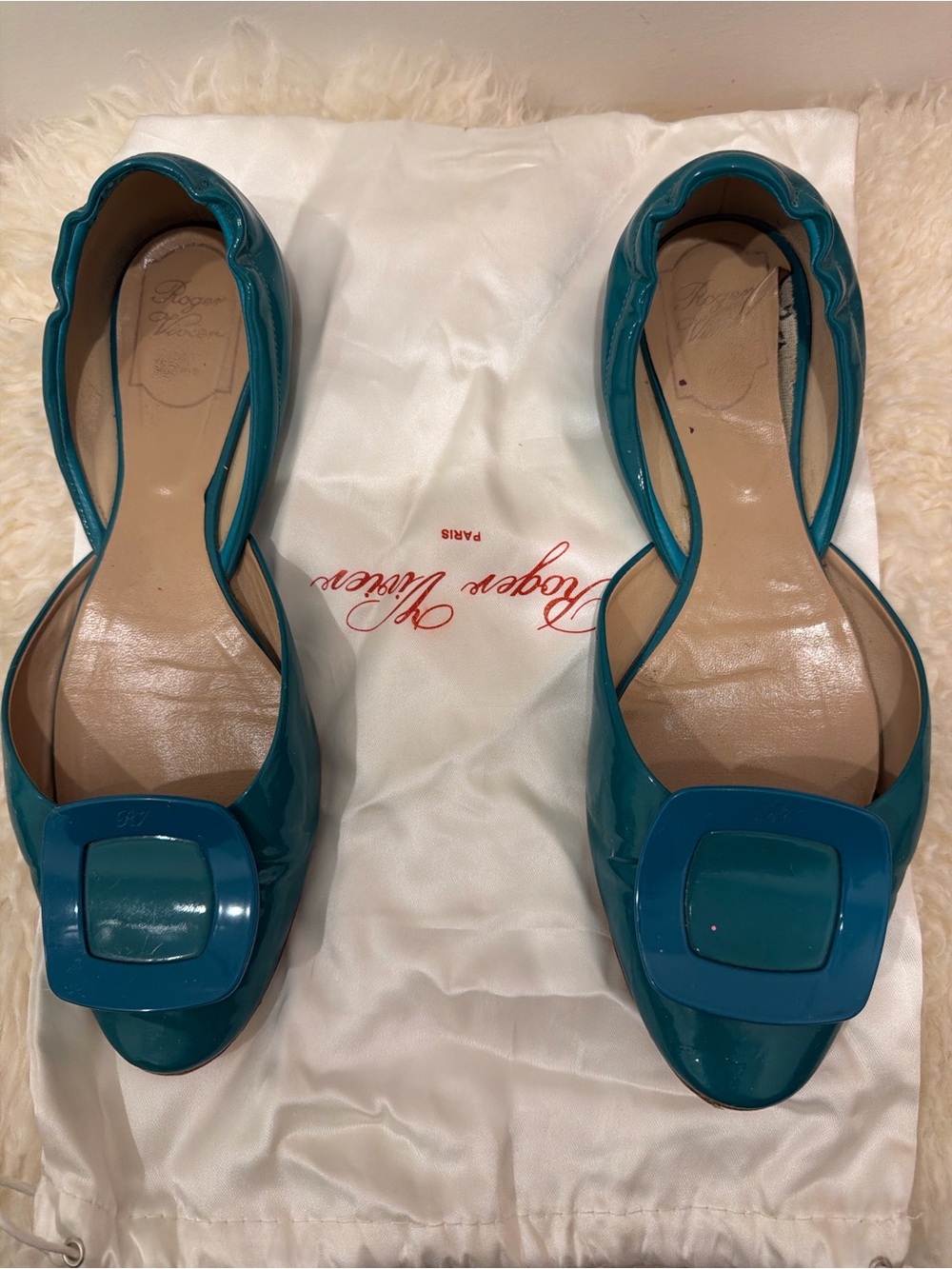 Roger Vivier Teal Patent Square-Buckle D'Orsay Flats (size 8.5/39)